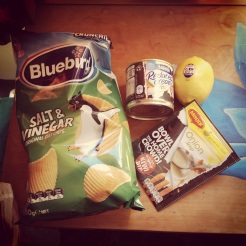All the ingredients for The Original Kiwi Dip and a bag of salt & vinegar chips